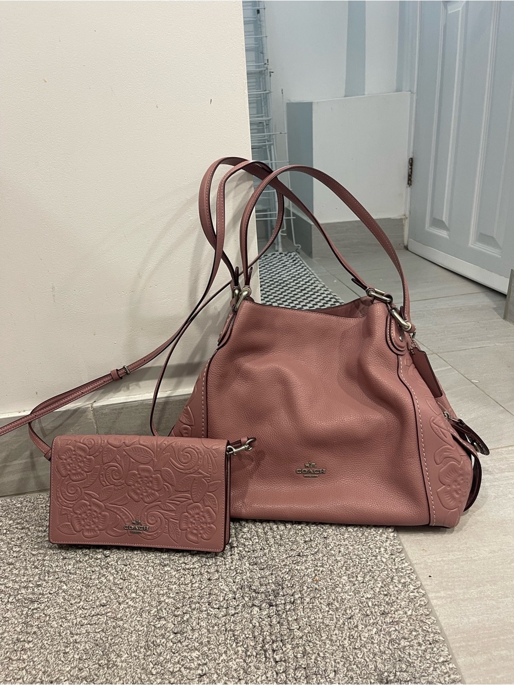 Coach Tea Rose Tooling Edie 31 Hobo & Matching Foldover Crossbody Set Dusty Rose